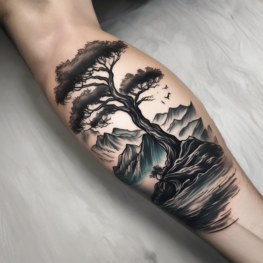 a forearm tattoo that has an acacia tree with mountains, ocean with a ship wreck half sleeve tattoos for men, AI-generated Watercolor tattoo design